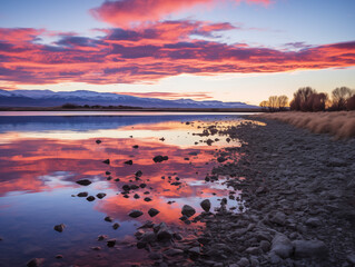 Sunrise over mountains with a serene lake reflecting sky's pink and orange hues. Ideal for travel, inspiration. No human elements, pure nature.