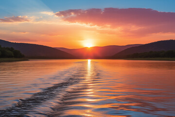Sunrise over mountains with a serene lake reflecting sky's pink and orange hues. Ideal for travel, inspiration. No human elements, pure nature.