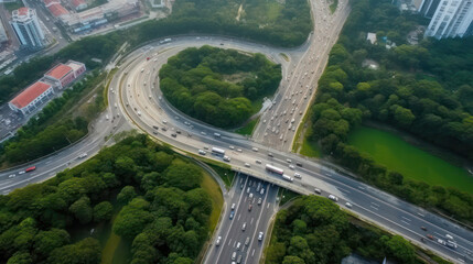 Top view of car traffic on multi lane highways or expressways at day light.
