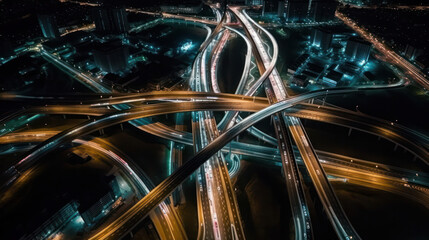 Drone view of car traffic on multi lane highways or expressways at night sky.