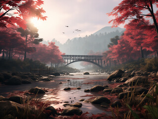 Sunrise over mountains with a serene lake reflecting sky's pink and orange hues. Ideal for travel, inspiration. No human elements, pure nature.