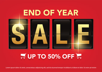 End of Year Sale Banner, flip board letters, golden sale text vector illustration.