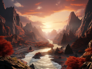 Sunrise over mountains with a serene lake reflecting sky's pink and orange hues. Ideal for travel, inspiration. No human elements, pure nature.