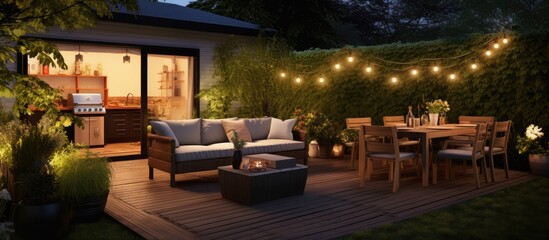 Summer evening in cozy modern residential backyard with outdoor lights, plants, and garden furniture at lounge and dining area.