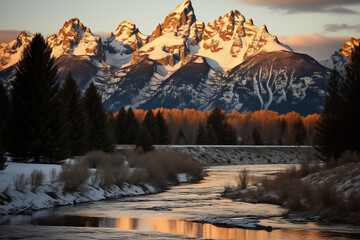 Sunrise over mountains with a serene lake reflecting sky's pink and orange hues. Ideal for travel, inspiration. No human elements, pure nature.