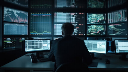 A businessperson Data to Make Best Sell. Full of Screens and Statistics over stock market exchange background with a chart