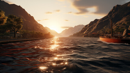 Sunrise over mountains with a serene lake reflecting sky's pink and orange hues. Ideal for travel, inspiration. No human elements, pure nature.