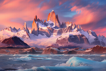 Sunrise over mountains with a serene lake reflecting sky's pink and orange hues. Ideal for travel, inspiration. No human elements, pure nature.