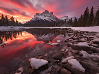 Sunrise over mountains with a serene lake reflecting sky's pink and orange hues. Ideal for travel, inspiration. No human elements, pure nature.