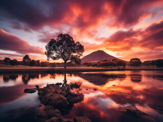 Sunrise over mountains with a serene lake reflecting sky's pink and orange hues. Ideal for travel, inspiration. No human elements, pure nature.