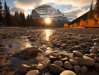 Sunrise over mountains with a serene lake reflecting sky's pink and orange hues. Ideal for travel, inspiration. No human elements, pure nature.