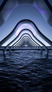 Metal arches in the water under the sky with a animated holographic planet in cgi vertical video animation footage