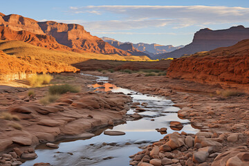 Sunrise over mountains with a serene lake reflecting sky's pink and orange hues. Ideal for travel, inspiration. No human elements, pure nature.