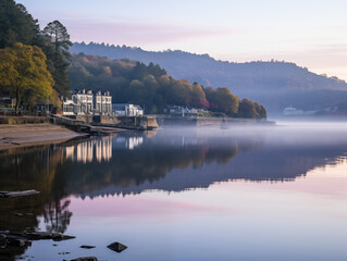 Sunrise over mountains with a serene lake reflecting sky's pink and orange hues. Ideal for travel, inspiration. No human elements, pure nature.