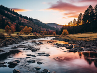 Sunrise over mountains with a serene lake reflecting sky's pink and orange hues. Ideal for travel, inspiration. No human elements, pure nature.