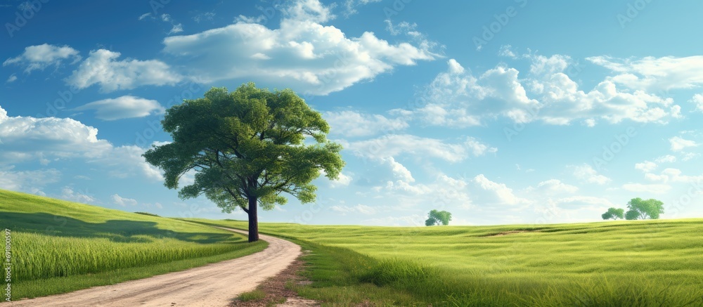 Canvas Prints Rural roadway with fields, a tree, and clear sky.