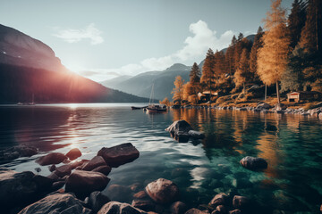 Sunrise over mountains with a serene lake reflecting sky's pink and orange hues. Ideal for travel, inspiration. No human elements, pure nature.