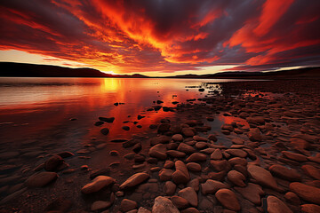 Sunrise over mountains with a serene lake reflecting sky's pink and orange hues. Ideal for travel, inspiration. No human elements, pure nature.