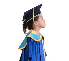 Portrait of cute asian children in a graduation gown isolated on transparent background. Education...