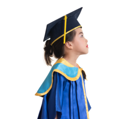 Portrait of cute asian children in a graduation gown isolated on transparent background. Education graduated schoolgirl.