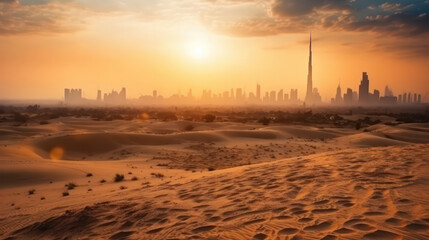 Desert in dubai city background united arab emirates beautiful sky at sunrise.
