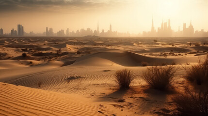 Desert in dubai city background united arab emirates beautiful sky at sunrise. - obrazy, fototapety, plakaty