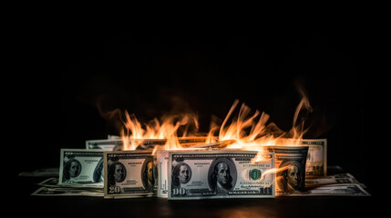 Dollar bills pile burning in close-up over black background, Burning money on fire, fiat Inflation concept - obrazy, fototapety, plakaty