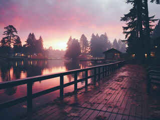 Sunrise over mountains with a serene lake reflecting sky's pink and orange hues. Ideal for travel, inspiration. No human elements, pure nature.