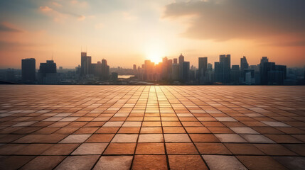 Empty brick floor with cityscape and skyline background, at sunset.