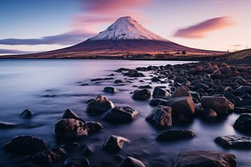 Sunrise over mountains with a serene lake reflecting sky's pink and orange hues. Ideal for travel, inspiration. No human elements, pure nature.