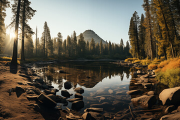 Sunrise over mountains with a serene lake reflecting sky's pink and orange hues. Ideal for travel, inspiration. No human elements, pure nature.