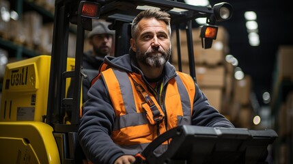 Driving man in worker uniform works on a forklift in a large warehouse