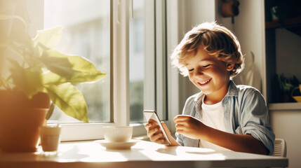 Smilling boy looking at his smartphone while having breakfast. A child sits in the kitchen by a big window