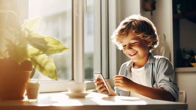Smilling boy looking at his smartphone while having breakfast. A child sits in the kitchen by a big window