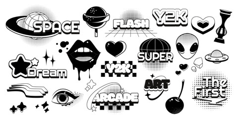 Black and white y2k stickers set isolated on background. Vector illustration of abstract retro art icons and words, planet, alien, ufo, heart, lips, star, eye, cherry symbols, psychedelic 90s design