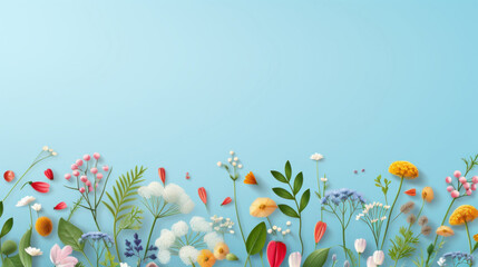 Fototapeta na wymiar Spring flowers on blue background. Floral banner with copy space.