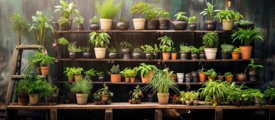 Open-air store selling potted seedlings of various plants for gardening.