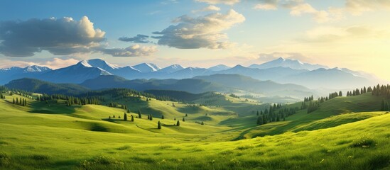 Summer evening in the mountains, with greens meadows, slopes, and hills.