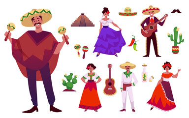Set of vector mexican traditional symbols, women in national clothes flowers in head, whiskered men in sombrero, poncho - obrazy, fototapety, plakaty
