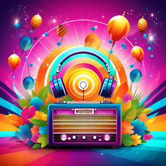a colorful vivid background, An illustration of World Radio Day concept,