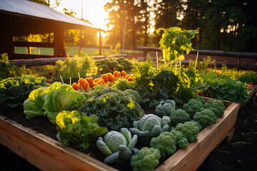 A vegetable garden with ripe vegetables and herbs on the beds. Generate Ai