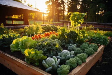 Selbstklebende Fototapete Garten A vegetable garden with ripe vegetables and herbs on the beds. Generate Ai