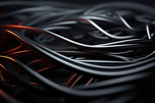  a close up of a bunch of wires on a black background with a blurry image of orange and white wires.