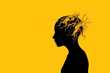  a yellow background with a silhouette of a woman's head with hair blowing in the wind in front of a yellow background.