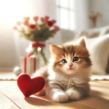 Sunlit kitten with red heart. AI Generated.