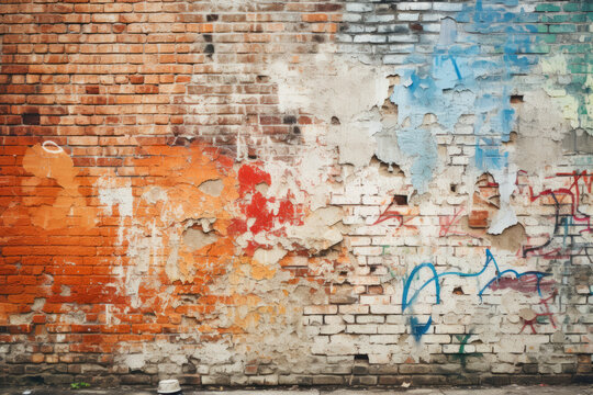 Front facing view of an urban brick wall that have been broken, repaired, tagged, and generally vandalized, surface material texture