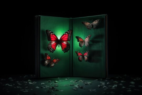  a book opened to show a group of butterflies on a black background with a green light in the middle of the book.