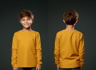 Front and back views of a little boy wearing a yellow long-sleeve T-shirt