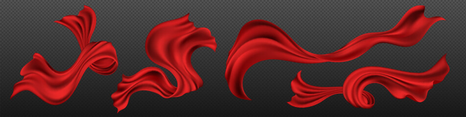 Sheet of red silk ribbon flying and curving in air. Realistic vector illustration set of satin fabric curtain wave on wind. Breeze blowing and flowing pieces of textile cloth drapery tape with folds.