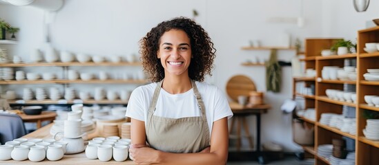 Woman smiling with pottery for social media or online advertising at small business store.